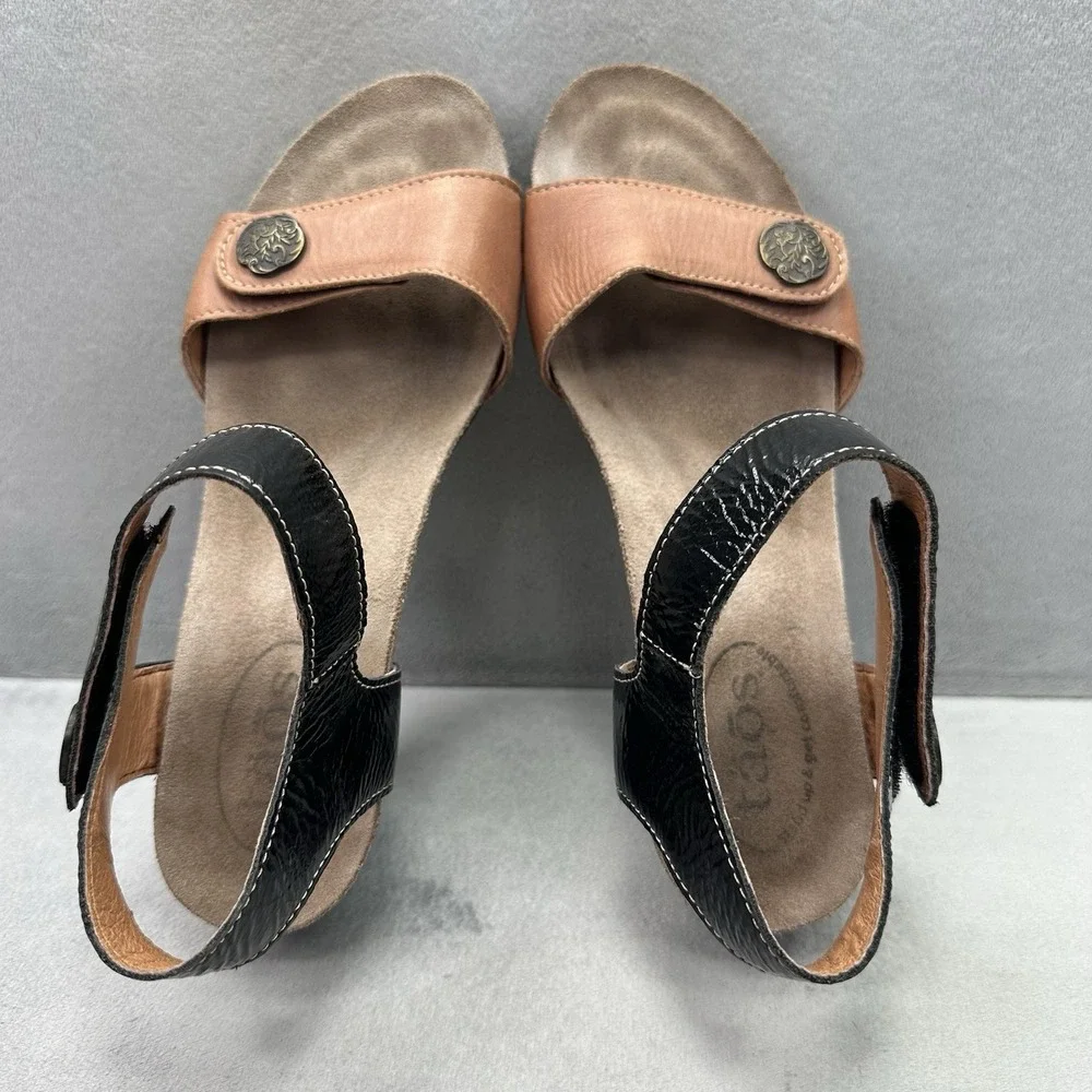 Womens Size 6.5 / 37 TAOS Festival Wedge Sandals Black Patent Leather High Heel